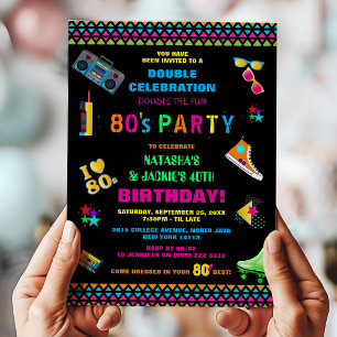 Invitación Fiesta de cumpleaños conjunta Neon 80's