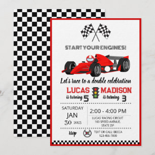 Invitación fiesta de cumpleaños conjunta para hermanos coche
