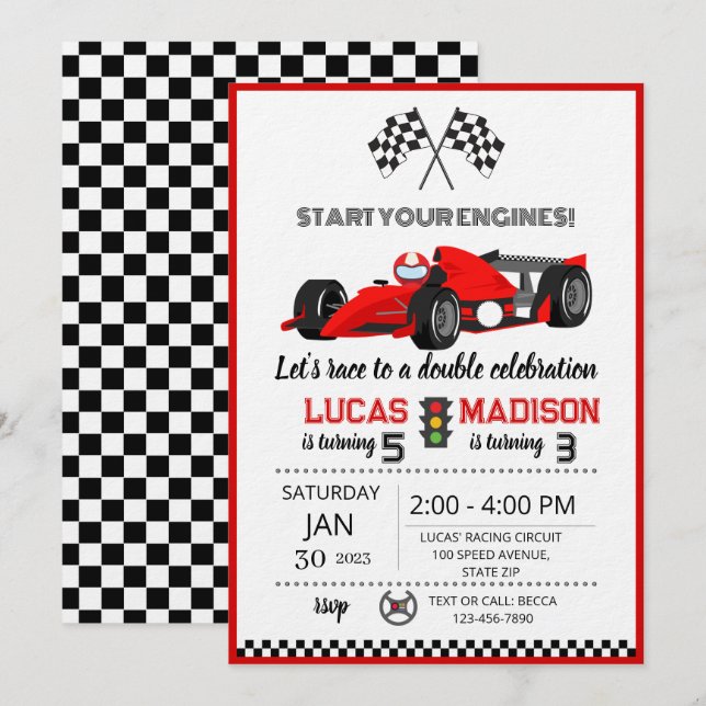 Invitación fiesta de cumpleaños conjunta para hermanos coche  (Anverso / Reverso)