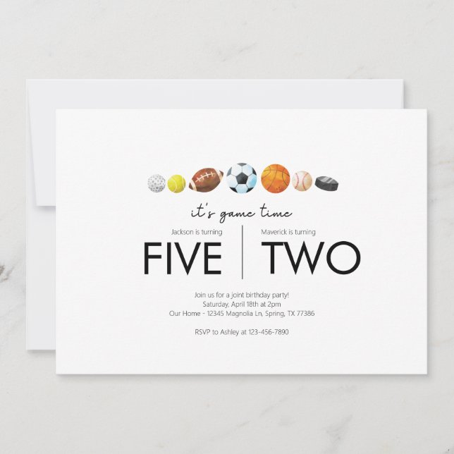 Invitación Fiesta de cumpleaños conjunta - Tema deportivo (Anverso)