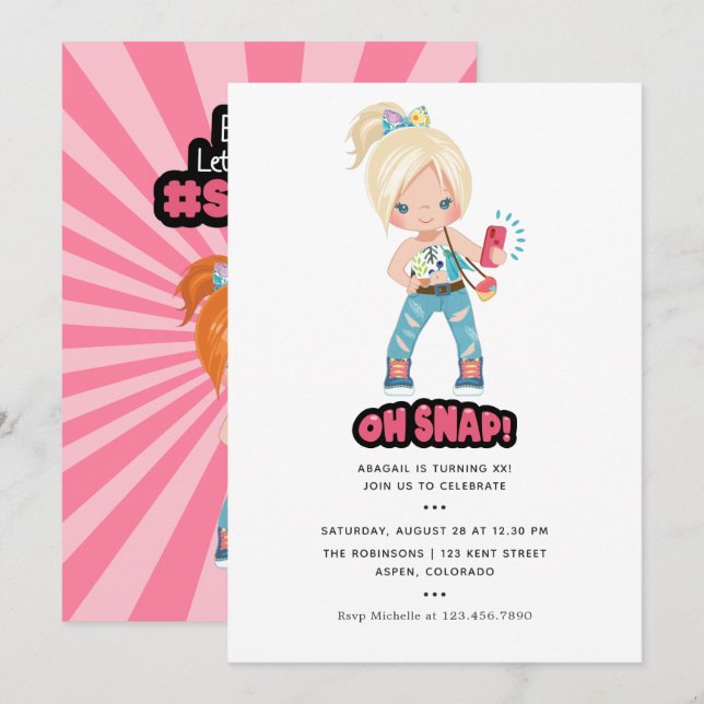 Invitación Fiesta de cumpleaños Cool Oh Snap! Chica Selfie (Anverso / Reverso)