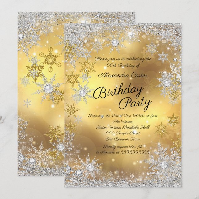 Invitación Fiesta de Cumpleaños Copo de Nieve Oro Blanco Plat (Anverso / Reverso)