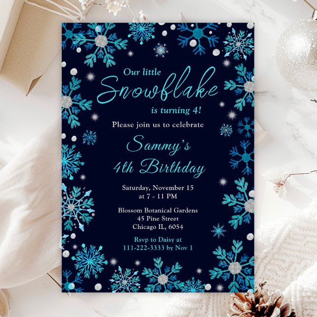 Invitación Fiesta de Cumpleaños Copos de Nieve Azules y Plate (Subido por el creador)