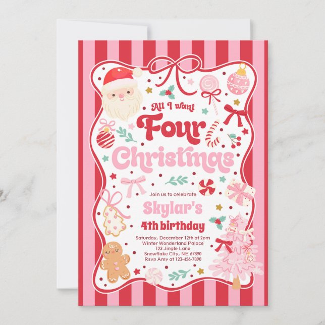 Invitación Fiesta de Cumpleaños Coquette con Lazo de Navidad  (Anverso)