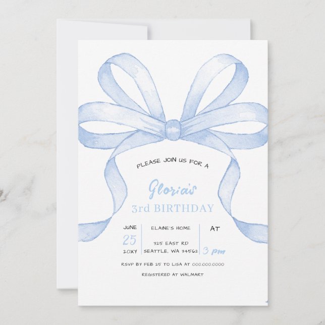 Invitación Fiesta de Cumpleaños Coquette de Lazo Azul (Anverso)