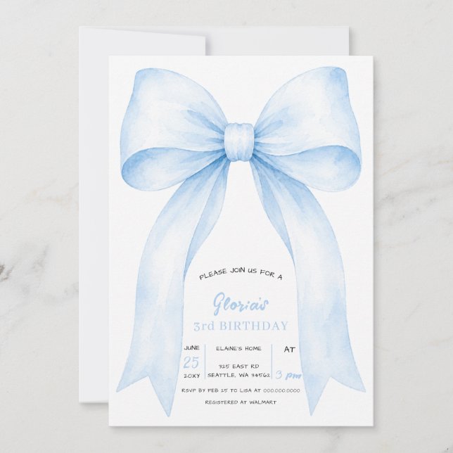 Invitación Fiesta de Cumpleaños Coquette de Lazo Azul (Anverso)