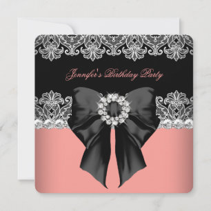 Invitación Fiesta de Cumpleaños Coral Lazo de Diamante Rosa C