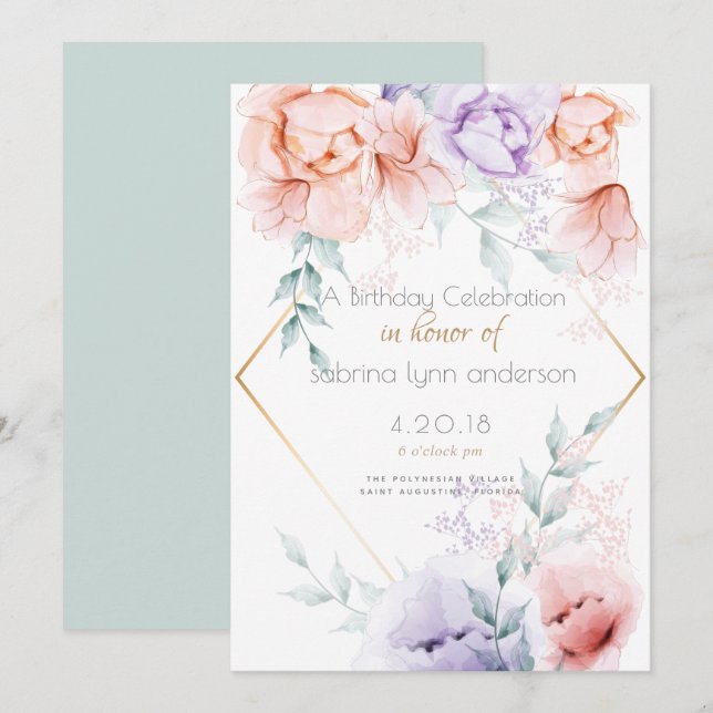 Invitación Fiesta de cumpleaños | Coral y Lilac Aquarelle Flo (Anverso / Reverso)