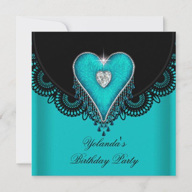 Invitación Fiesta de Cumpleaños Corazón Azul Teal Encaje Negr (Anverso)