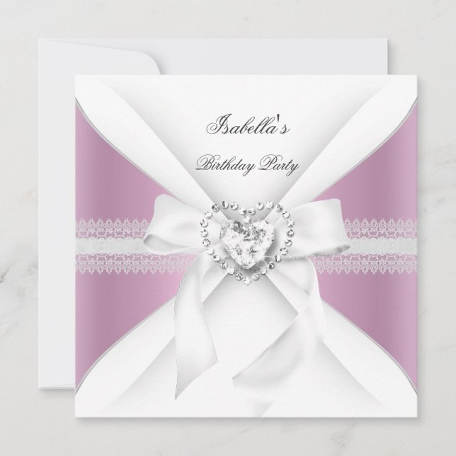 Invitación Fiesta de Cumpleaños Corazón con Lazo Diamante Ros (Anverso)