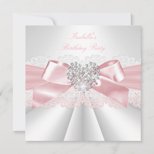 Invitación Fiesta de Cumpleaños Corazón de Diamante Blanco Ro (Anverso)