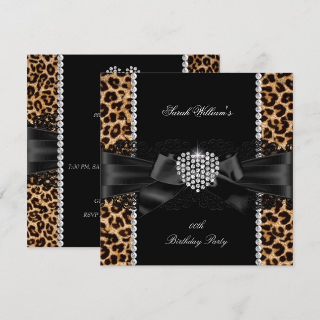 Invitación Fiesta de Cumpleaños Corazón de Diamante Lace Leop (Anverso / Reverso)