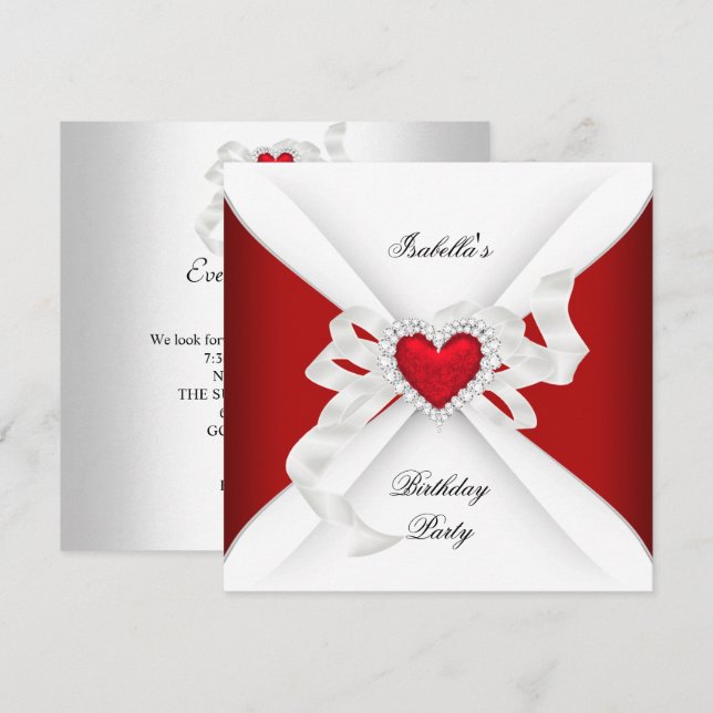 Invitación Fiesta de Cumpleaños Corazón de Diamante Rojo Plat (Anverso / Reverso)