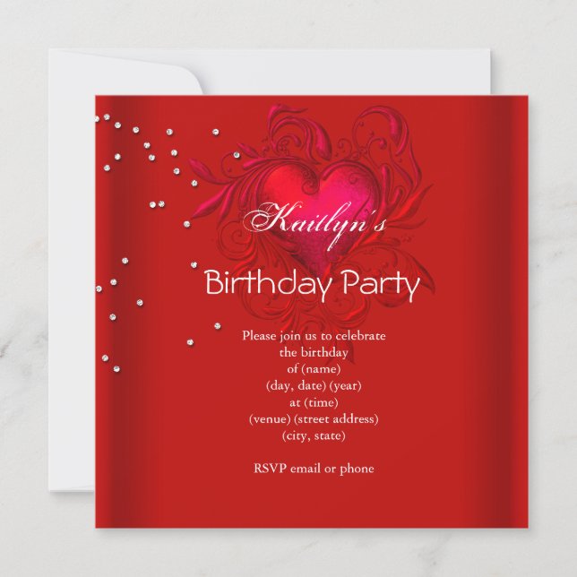 Invitación Fiesta de Cumpleaños Corazón Rojo Rico (Anverso)