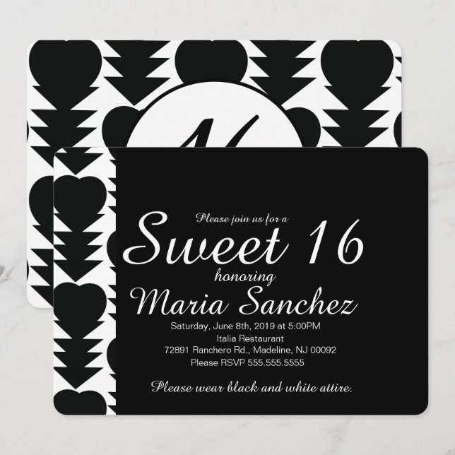 Invitación Fiesta de cumpleaños corazón Sweet 16 negro y blan (Anverso / Reverso)