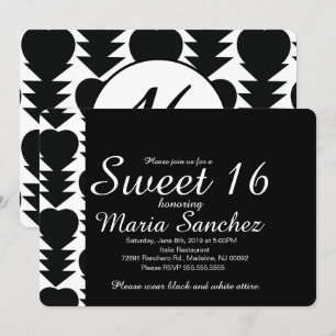 Invitación Fiesta de cumpleaños corazón Sweet 16 negro y blan