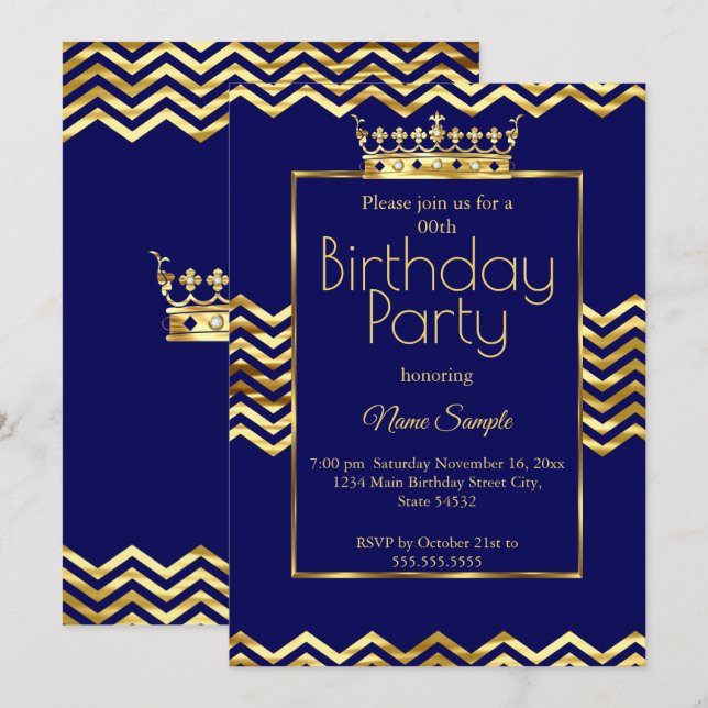 Invitación Fiesta de Cumpleaños Corona Chevron Azul Marino Do (Anverso / Reverso)
