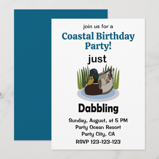 Invitación Fiesta de Cumpleaños Costera con Pato Silbón Solo  (Anverso / Reverso)