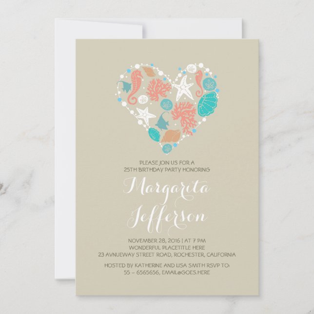 Invitación Fiesta de cumpleaños costero náutica del corazón d (Anverso)