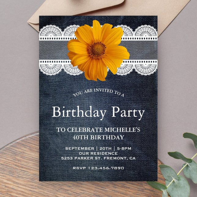 Invitación Fiesta de Cumpleaños Country Denim Encaje Girasol (Subido por el creador)