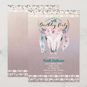 Invitación Fiesta de Cumpleaños Cráneo de Vaca Floral Boho Gl