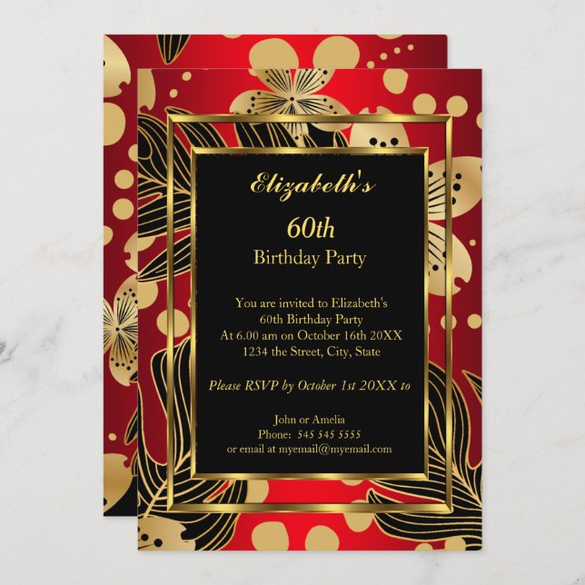Invitación Fiesta de cumpleaños cualquier edad Floral Roja de (Anverso / Reverso)