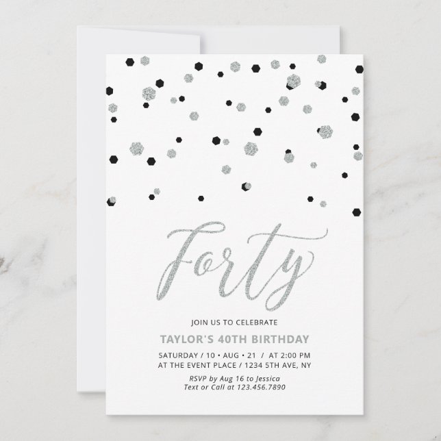 Invitación Fiesta de cumpleaños cuarenta 40 negro y confeti p (Anverso)