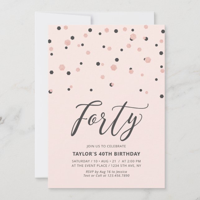 Invitación Fiesta de Cumpleaños Cuarenta 40 Simple Rosa Dorad (Anverso)