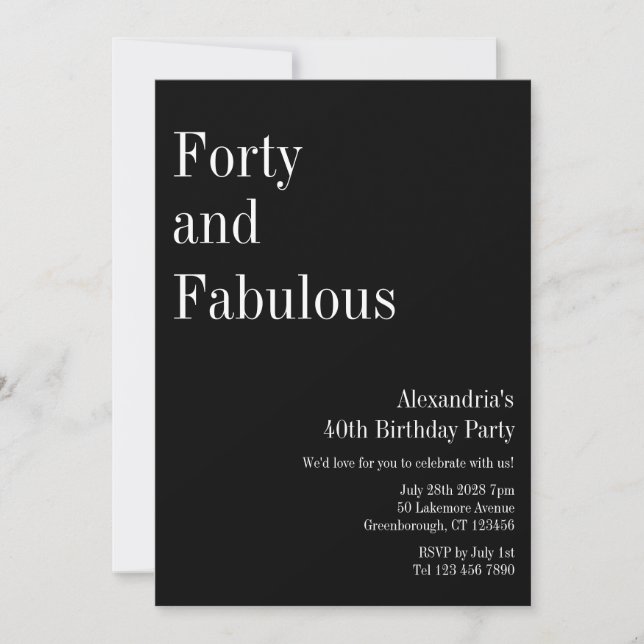 Invitación Fiesta de cumpleaños cuarenta fabulosa en blanco y (Anverso)