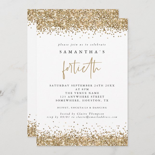 Invitación Fiesta de cumpleaños cuarenta Glam Gold Glitter (Anverso / Reverso)