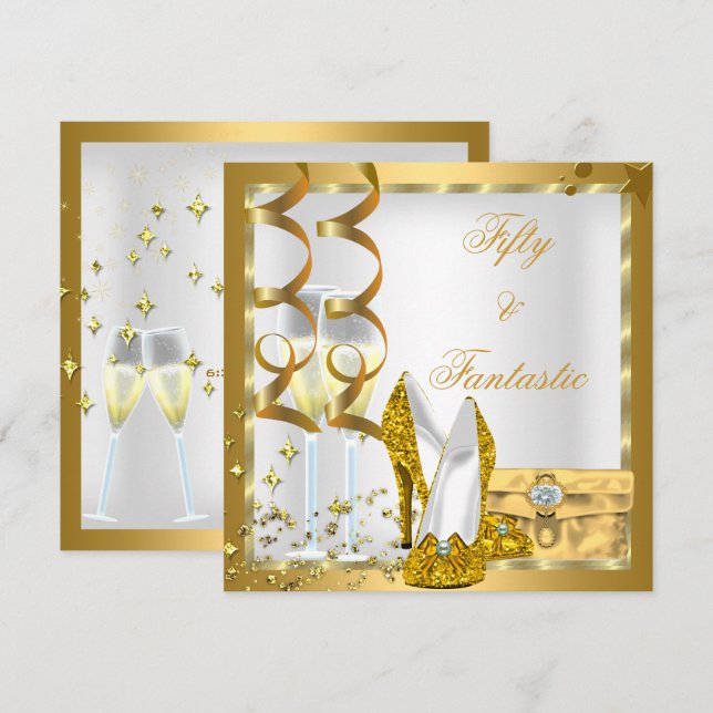 Invitación Fiesta de cumpleaños Curly 50 y fantástico oro bla (Anverso / Reverso)