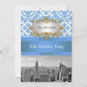 Invitación Fiesta de cumpleaños D4 Damask Silueta de NYC BW V