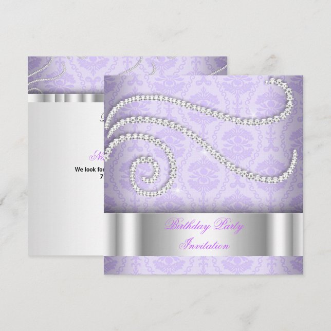 Invitación Fiesta de Cumpleaños Damasco Diamantes Blancos Mor (Anverso / Reverso)