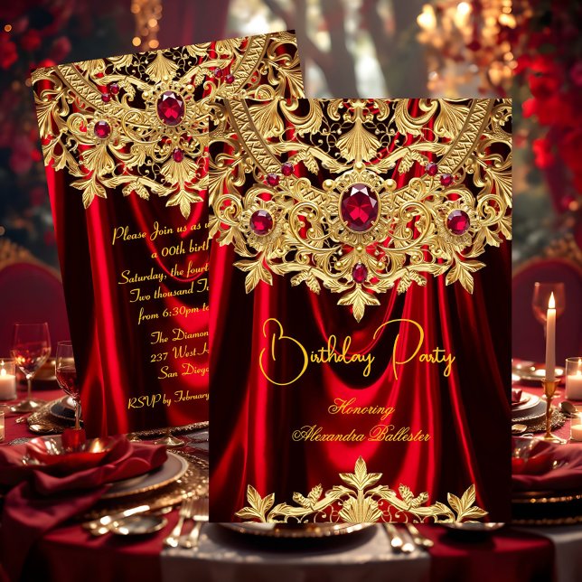 Invitación Fiesta de Cumpleaños Damasco Encaje Rojo Joyas Ele (Subido por el creador)