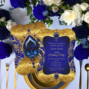 Invitación Fiesta de Cumpleaños Damasco Joyas Doradas Azul Re