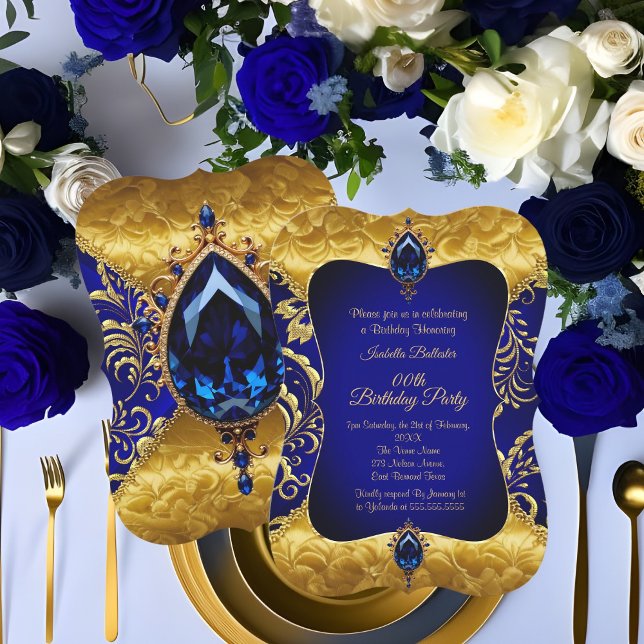 Invitación Fiesta de Cumpleaños Damasco Joyas Doradas Azul Re (Subido por el creador)