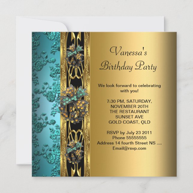 Invitación Fiesta de Cumpleaños Damask Azul Teal Dorado 2 (Anverso)