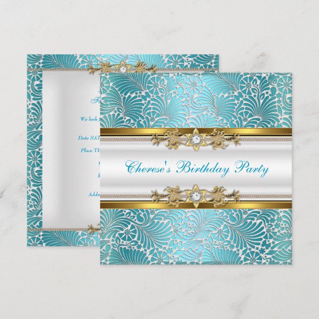 Invitación Fiesta de Cumpleaños Damask Azul Teal Dorado Blanc (Anverso / Reverso)