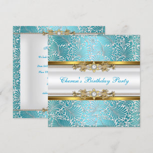 Invitación Fiesta de Cumpleaños Damask Azul Teal Dorado Blanc
