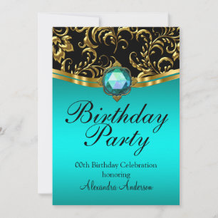 Invitación Fiesta de Cumpleaños Damask Azul Turquesa Negro Do