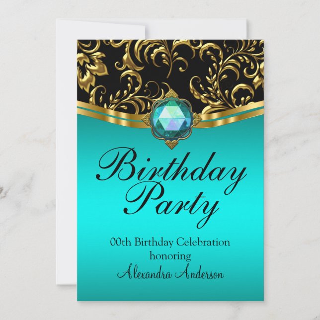 Invitación Fiesta de Cumpleaños Damask Azul Turquesa Negro Do (Anverso)
