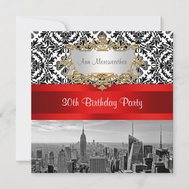 Invitación Fiesta de Cumpleaños Damask BW 432 NY Ciudad Rasca (Anverso)