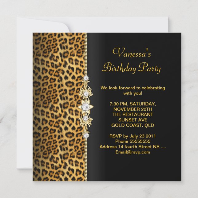 Invitación Fiesta de Cumpleaños Damask Dorado Leopardo Negro (Anverso)