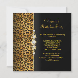 Invitación Fiesta de Cumpleaños Damask Dorado Leopardo Negro