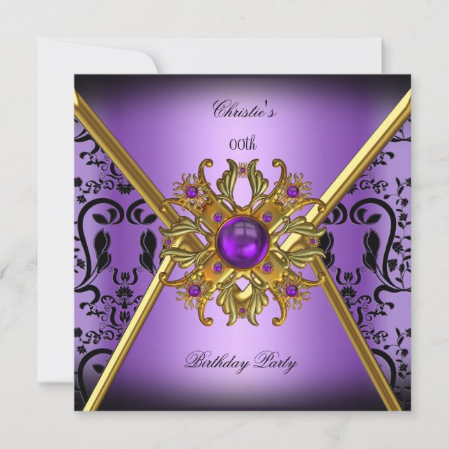 Invitación Fiesta de Cumpleaños Damask Morado Dorado Negro pa (Anverso)