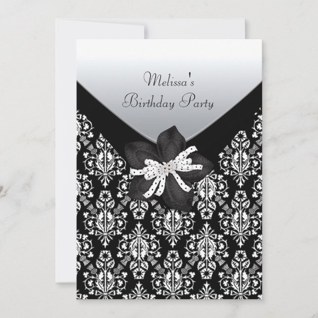 Invitación Fiesta de Cumpleaños Damask Negro Blanco (Anverso)
