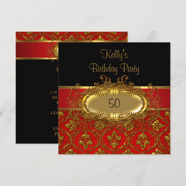Invitación Fiesta de Cumpleaños Damask Negro Rojo Dorado (Anverso / Reverso)