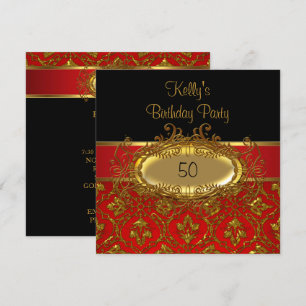 Invitación Fiesta de Cumpleaños Damask Negro Rojo Dorado