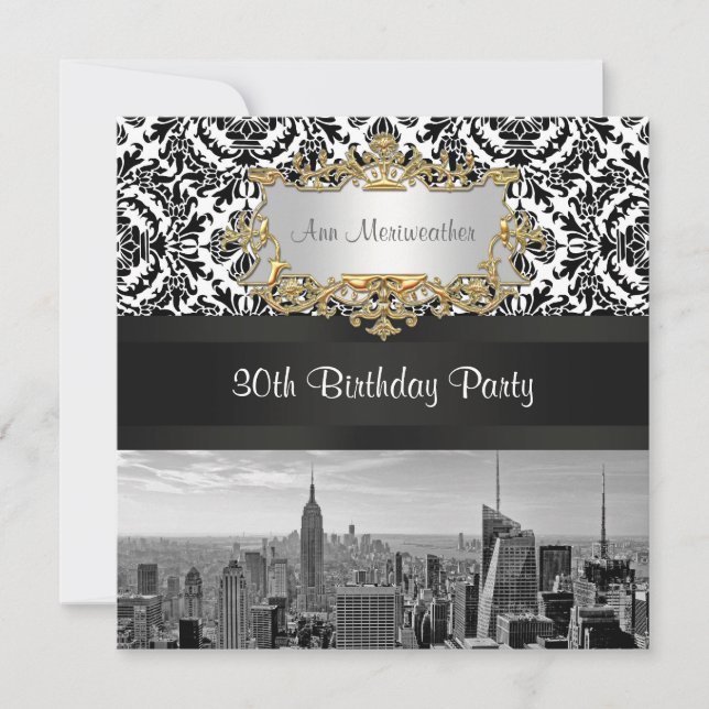 Invitación Fiesta de Cumpleaños Damask NY Ciudad Rascacielos  (Anverso)