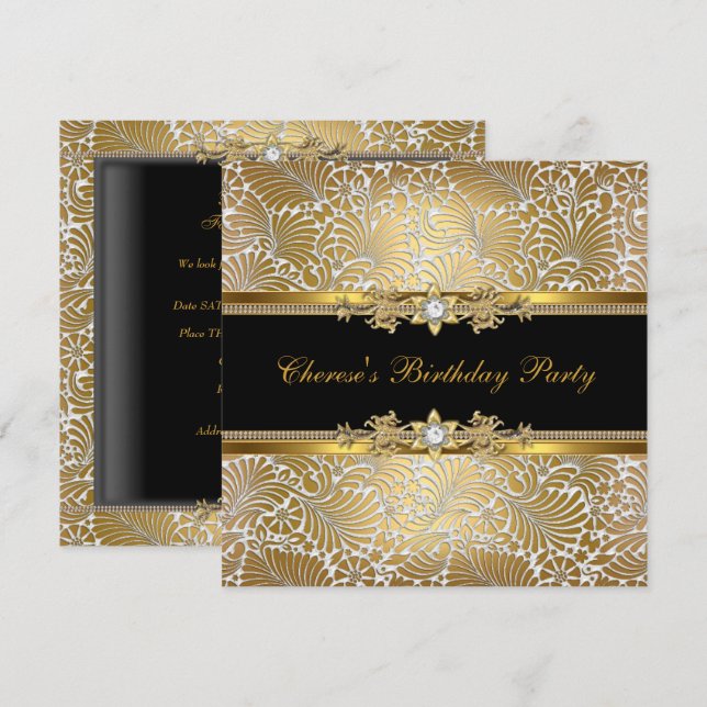 Invitación Fiesta de cumpleaños Damask Oro Diamante Blanco Ne (Anverso / Reverso)